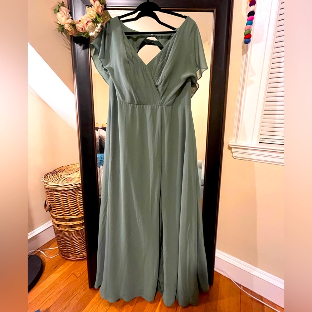 Azazie Rylee bridesmaid dress, eucalyptus color
